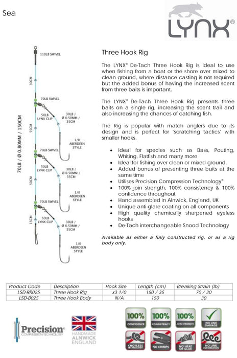 LYNX DE - TACH THREE HOOK RIG 1/0 - 70lb/30lb - 150cm/35cm Rigs - Eprofishing Egypt