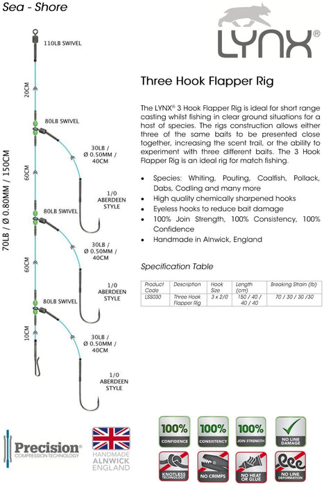 LYNX THREE HOOK FLAPPER RIG 1/0 - 70lb/30lb - 150cm/40cm/40cm/40cm Rigs - Eprofishing Egypt
