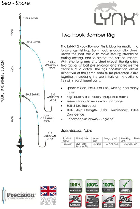 LYNX TWO HOOK BOMBER RIG 1/0 - 70lb/30lb - 100cm/75cm/35cm Rigs - Eprofishing Egypt